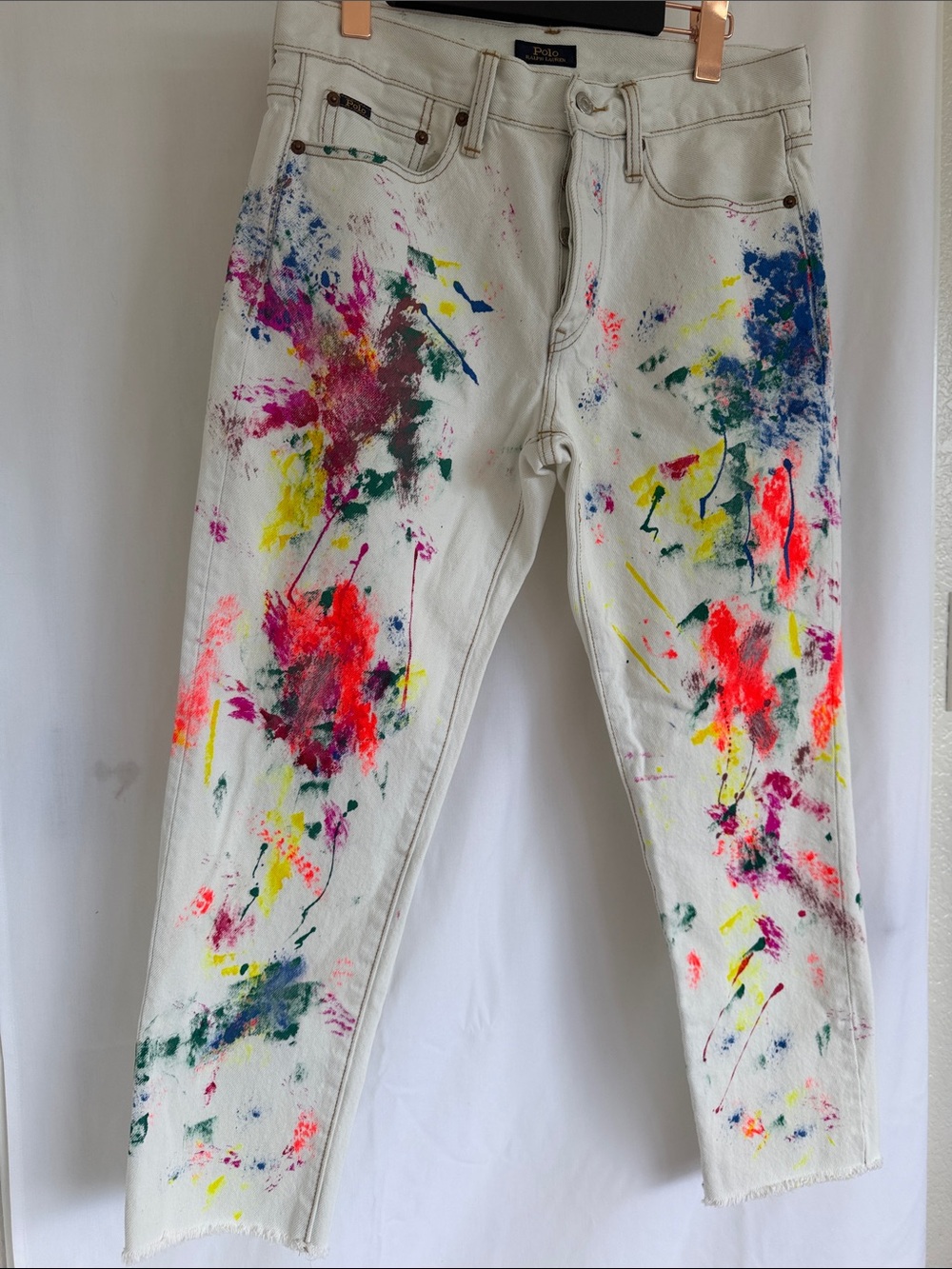 Polo by Ralph Lauren White Paint-Splatter Cropped “The Avery Boyfriend” jeans